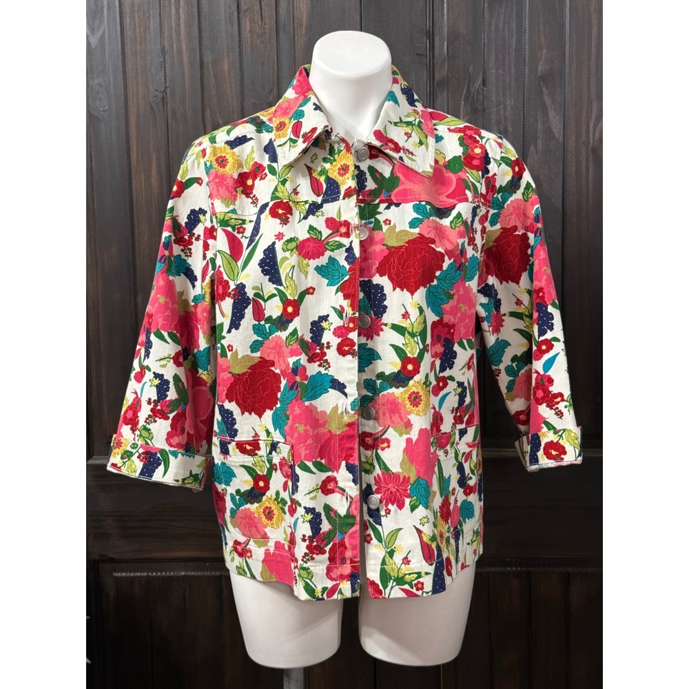 City Blues by Koret Floral Button Front Jacket Womens Large Pink White Cotton L